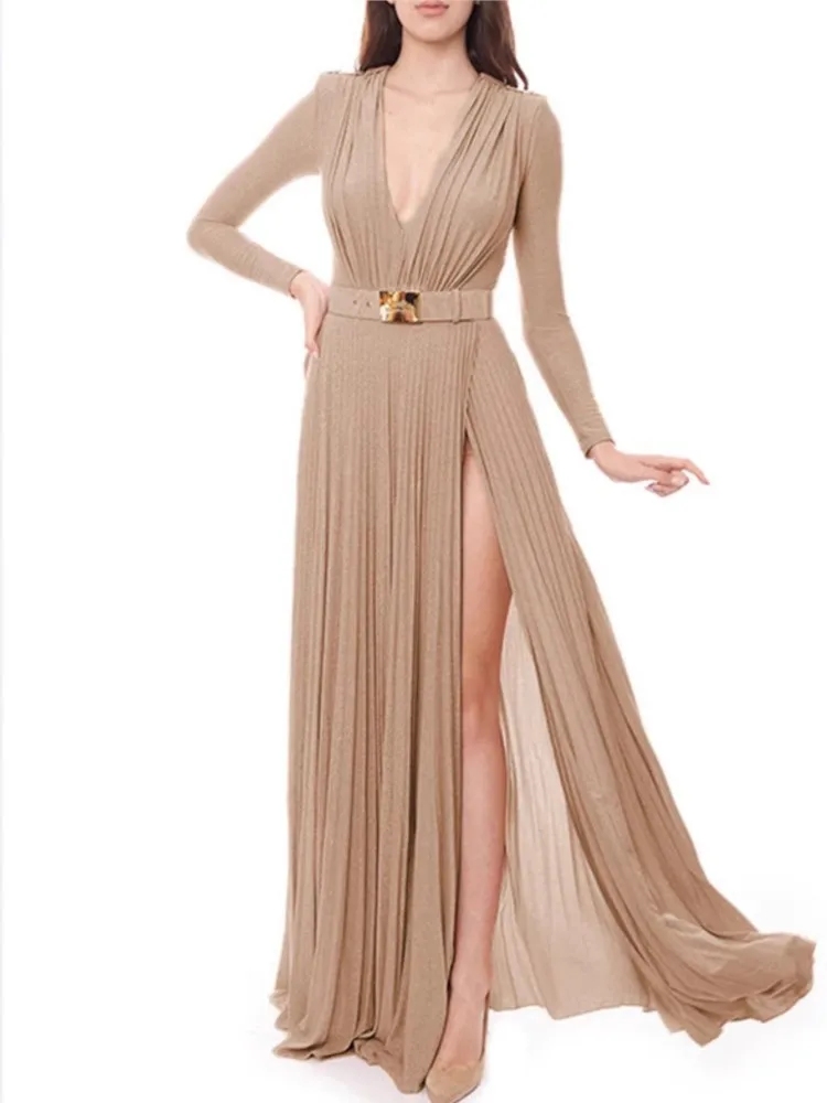 

Dress For Women Casual Long Sleeve Commuter Dress Vintage Pleated Slim Evening Dresses Elegant Deep V High Waist Long Dresses