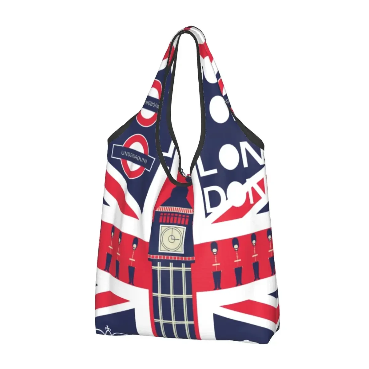 Cute Vintage British Flag With London Symbol Shopping Tote Bags Portable Union Jack Groceries Shopper Shoulder Bag