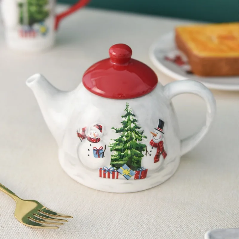 Nordic Ceramic Relief Christmas Tree Snowman Teapot Creative Country Porcelain Christmas Ornaments Coffee Pot Home Drinkware