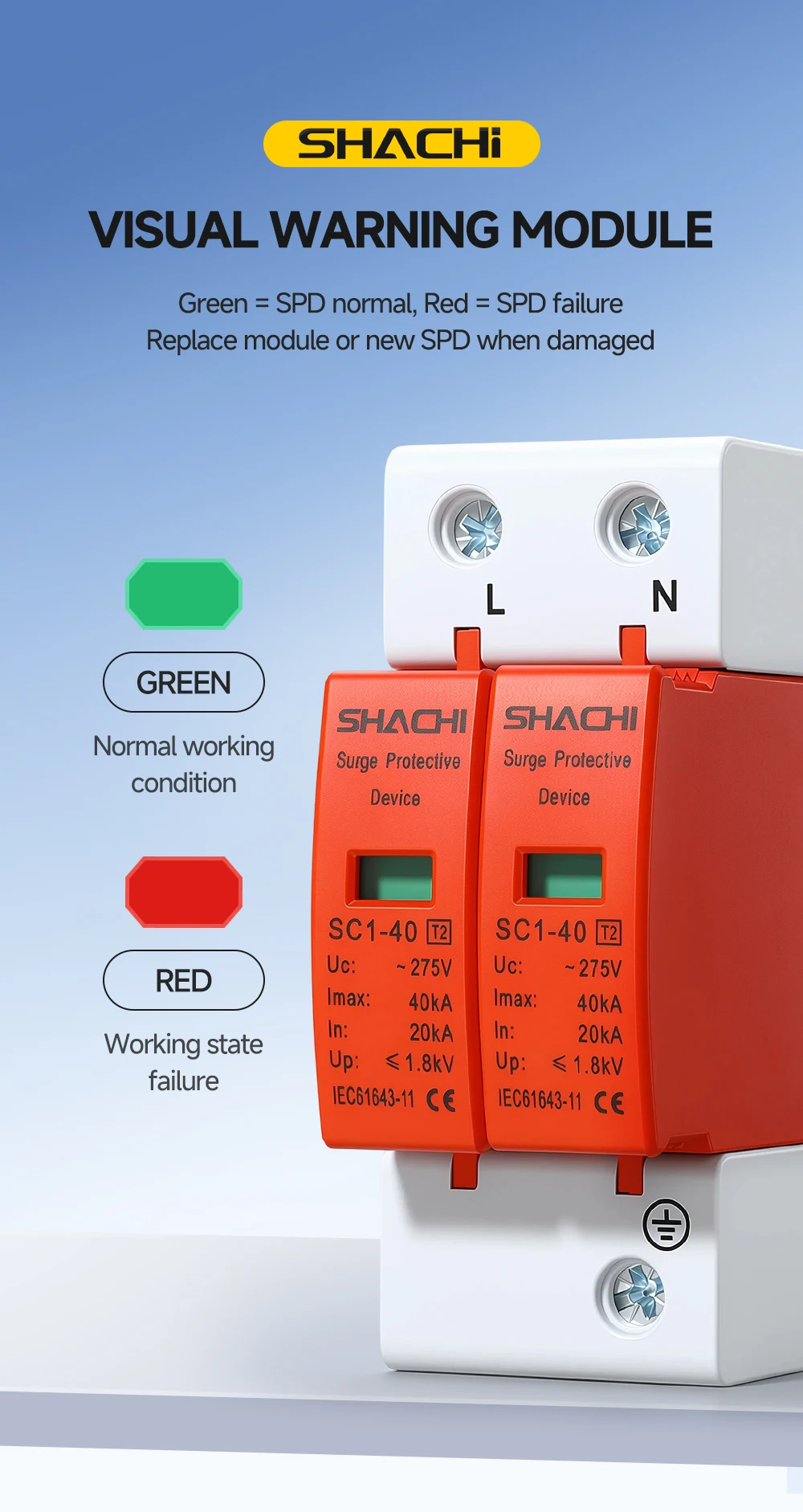 SHACHI 2P AC Überspannungsschutz SPD Überspannungsschutzgerät 275V 385V 20KA 40KA 60KA Spannungsschutz Solar Photovoltaik-Überspannungsableiter – Detail 9