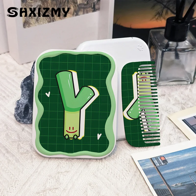 Cartoon Green Scallion Pattern Flip-Top Folding Makeup Mirror Portable Pocket Mirror Rectangle Cosmetic Mirror With Comb