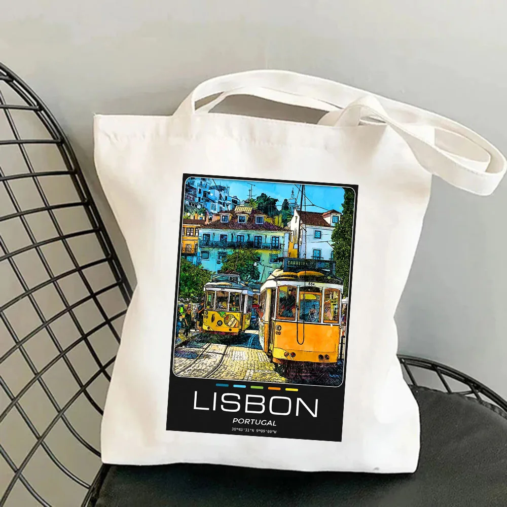 Amsterdam Barcelona Lissabon Vrouwen Canvas Schoudertassen Harajuku Handtassen Totes Eco Shopper Herbruikbare Katoenen Opvouwbare Boodschappentassen