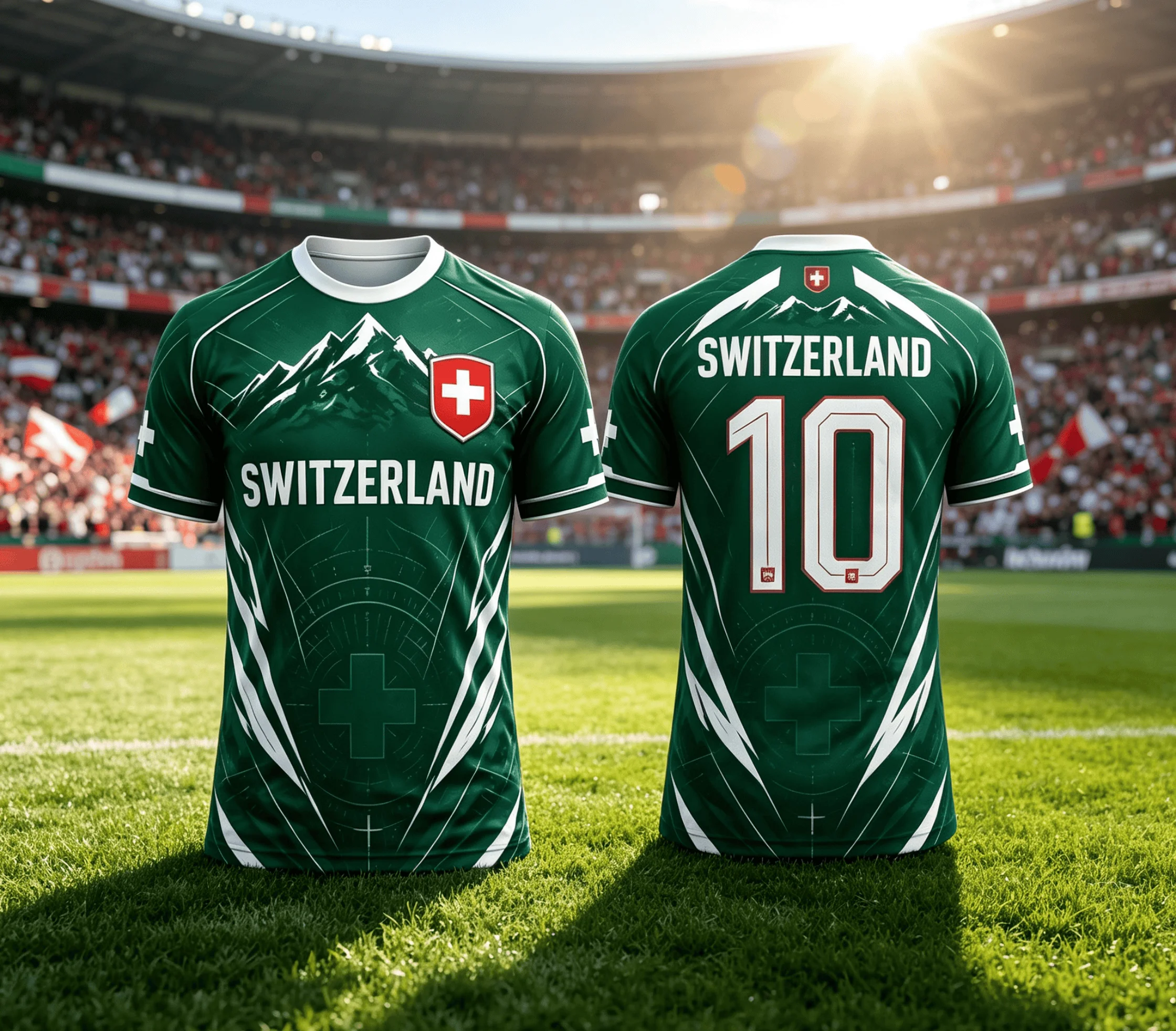 1Pcs Switzerland No.10 Soccer Jersey, Mountain Cross Print Quick Dry Short Sleeve, Fan Sports T-shirt for Men Women Match Wear