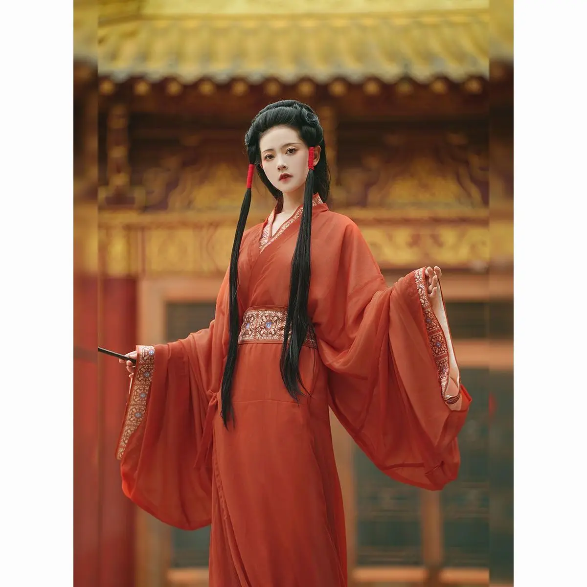 Red Hanfu traditional imperial style large wide sleeve embroidered Warring States robe