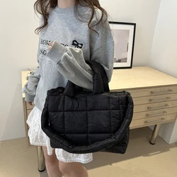Women Quilted Plaid Handbag Large Capacity Quilted Top Handle Bag Solid Color Puffy Shoulder Bag Female Travel Bag