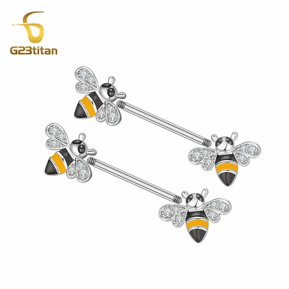Cute Bee Shape 2pcs Nipple Rings Titanium Or Steel Barbell Nipple Piercings Charm Accessory Women Body Shield Bar Jewelry 14G image 2