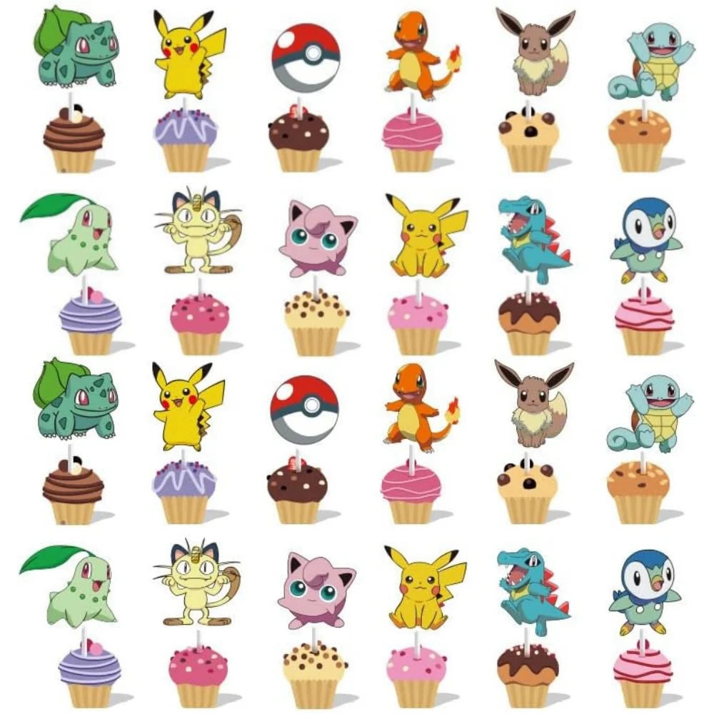 24Pcs/Set Pokemon Cupcake Toppers Cartoon Happy Birthday Cake Decor Party Supplies for Kids Boys Birthday Baby Shower Decoration