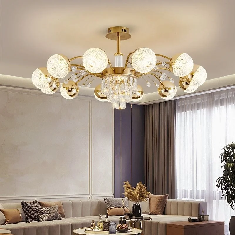 New Style Living Room Golden Crystal Chandelier With Three Color Dimming Suspension Dining Room Bedroom Villa LED Chandelier