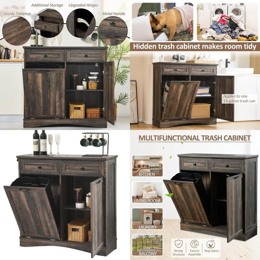 

Rustic Brown Standing Kitchen Trash Can Cabinet with Hidden Garbage and Recycling Bin