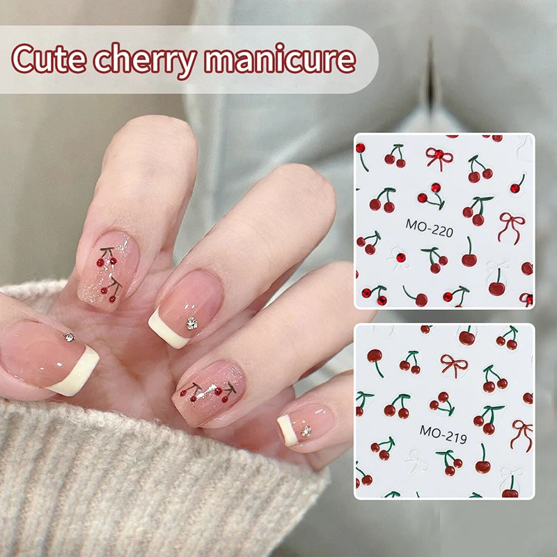 Fashion Red Cherry Rowknot 3D Nail Sticker Self-Adhesive Nail Art Decoration Sticker For Women Manicure DIY Decals Decoration