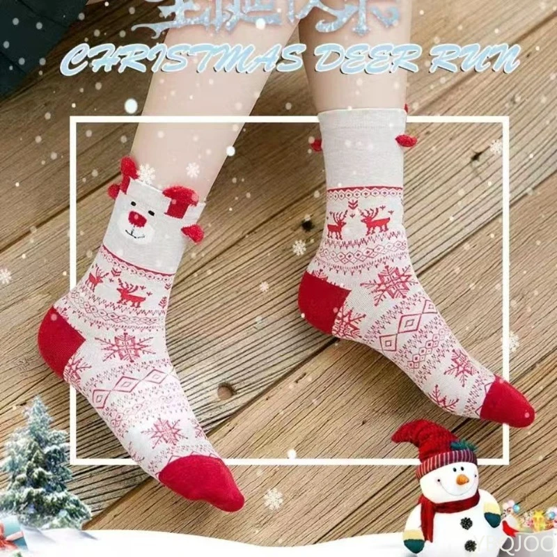 3 pares meias de natal feminino bonito papai noel outono inverno elk feminino meados de bezerro meias festival feliz natal meia 2025