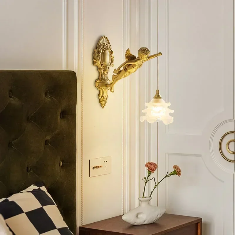 French Vintage Style Copper Angel Hanging Flower Crystal Art Wall Lamp Palace Corridor Entrance Porch Balcony Bedside Led Lights
