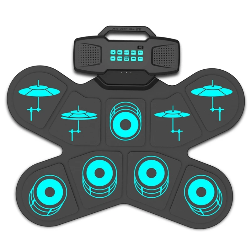 

AA67-Electronic Drum Set Hand Roll Drum 9 Pads Dual Speaker Rechargeable Practice Pad Drum Kit With Drumsticks Foot Pedal
