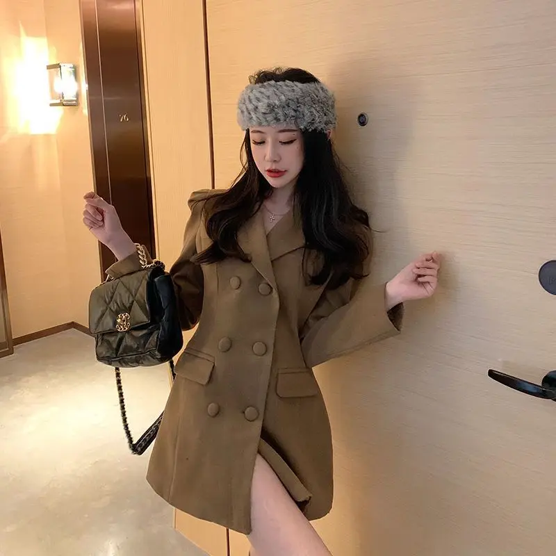 

Puff Sleeve Woolen Coat For Women 2024 Autumn Winter New Style French Retro Waisted Double-Breasted Mid-Length Top