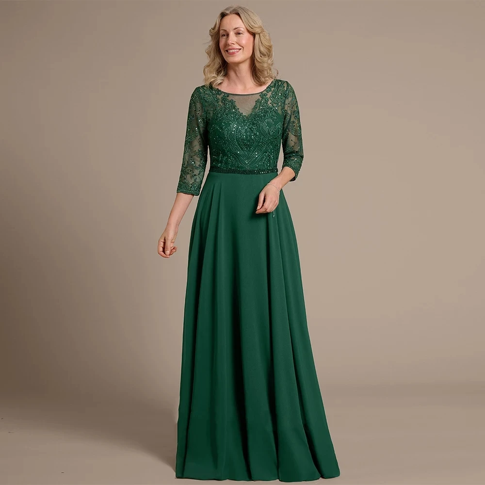 

Green Mother of The Bride Dress Scoop Neck 3/4 Sleeves Sparking Sequined Applique Chiffon A Line Wedding Guest Gown Party Gowns