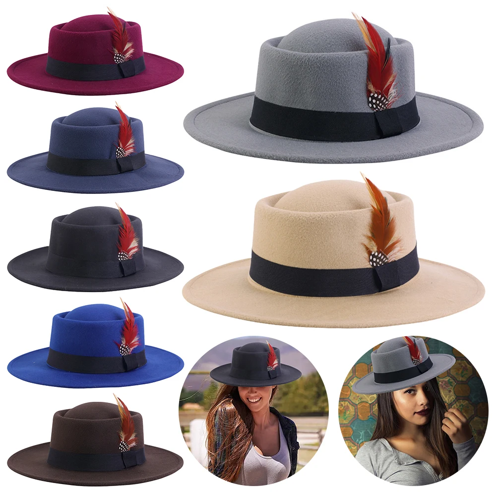 Retro Feather Felt Hat Convex Top Small Flat Top Polk Pie Coffee Top Hat Classic Party Decorate Jazz Hats Men Women Winter