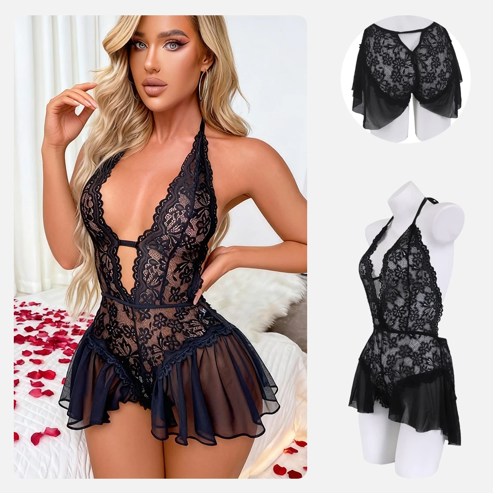ملابس داخلية مثيرة وساحرة، بذلة برباط شفافة من الدانتيل الأسود، ثوب نوم رومانسي مفتوح المنشعب بدون تأخذ