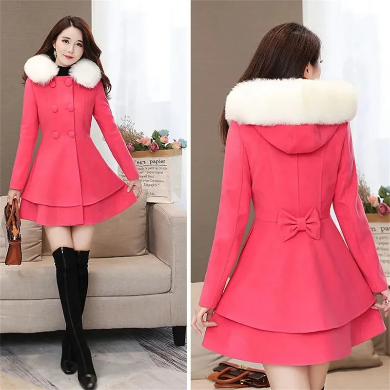 2023 New Winter Women\'s Woolen Blend Coat A-Line Double-Breasted Jackets Female Fur Collar Office Lady Wool Outwear