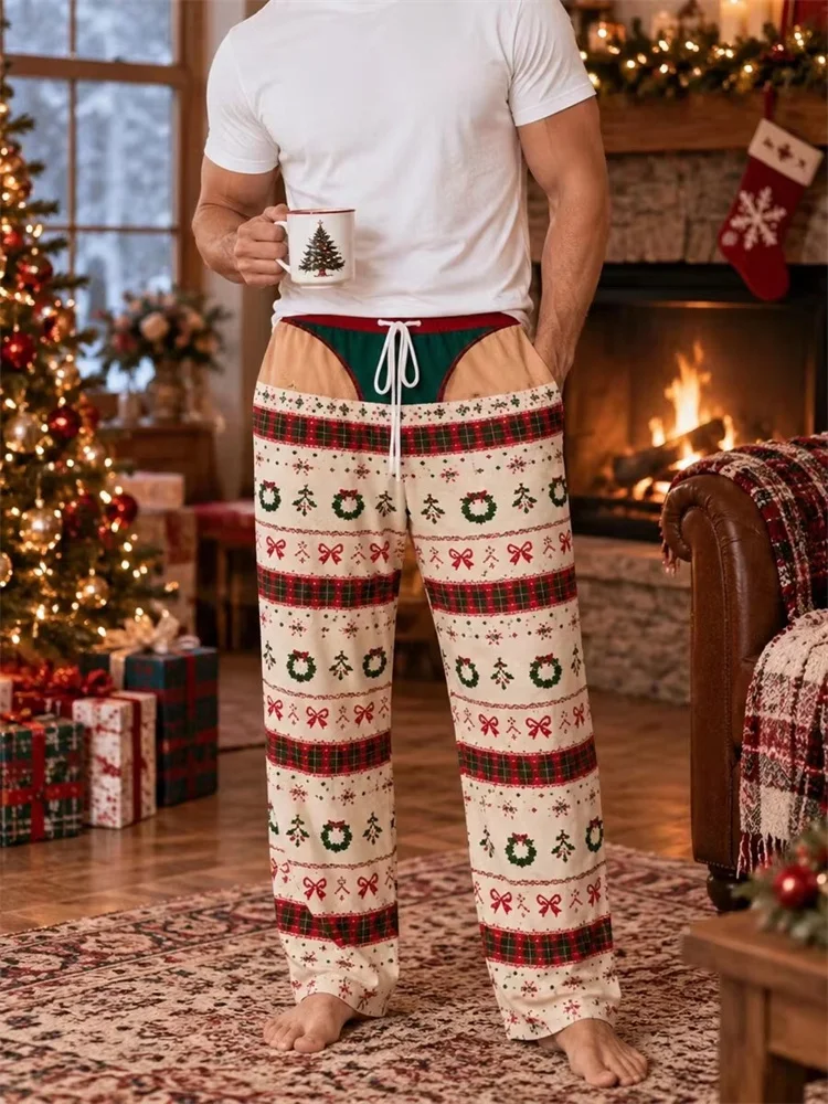 Men Women Straight Long Trousers 3D Xmas Cookie Snowflake House Pattern Print Quick Dry Elastic Waist Funny Party Casual Pants