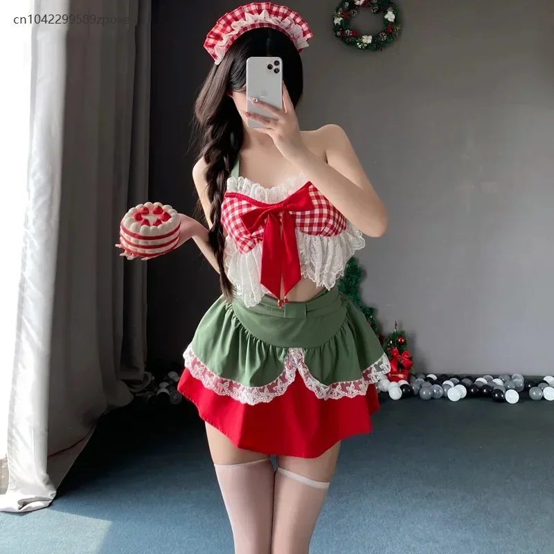 

Women Christmas Cosplay Costume Sets Sweet Lolita Style 2 Piece Set Kawaii Bow Lace Halter Neck Crop Tops Mini Cake Skirts Suit