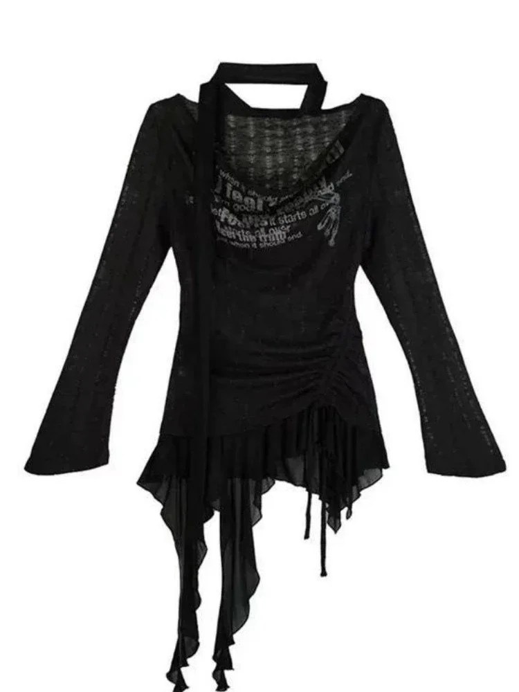 Vintage retalhos irregular babados topos feminino slash neck harajuku cordão tshirts y2k estética carta impressão grunge camisetas