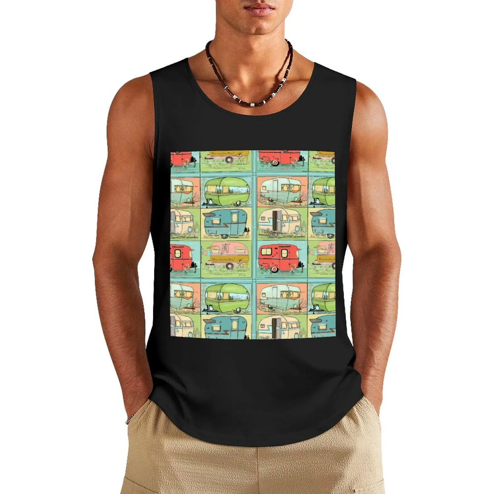 

Camping Glamping in Vintage Trailers! Tank Top gym shirt men summer clothes for men Men's vest Men's fitness t-shirt
