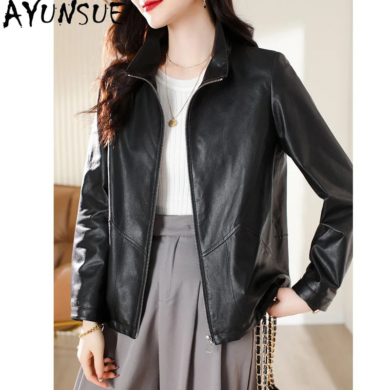 AYUNSUE 100% シープスキンリアルレザージャケット女性 2025 黒レディースコート春秋服ストリート Jaqueta デ Couro