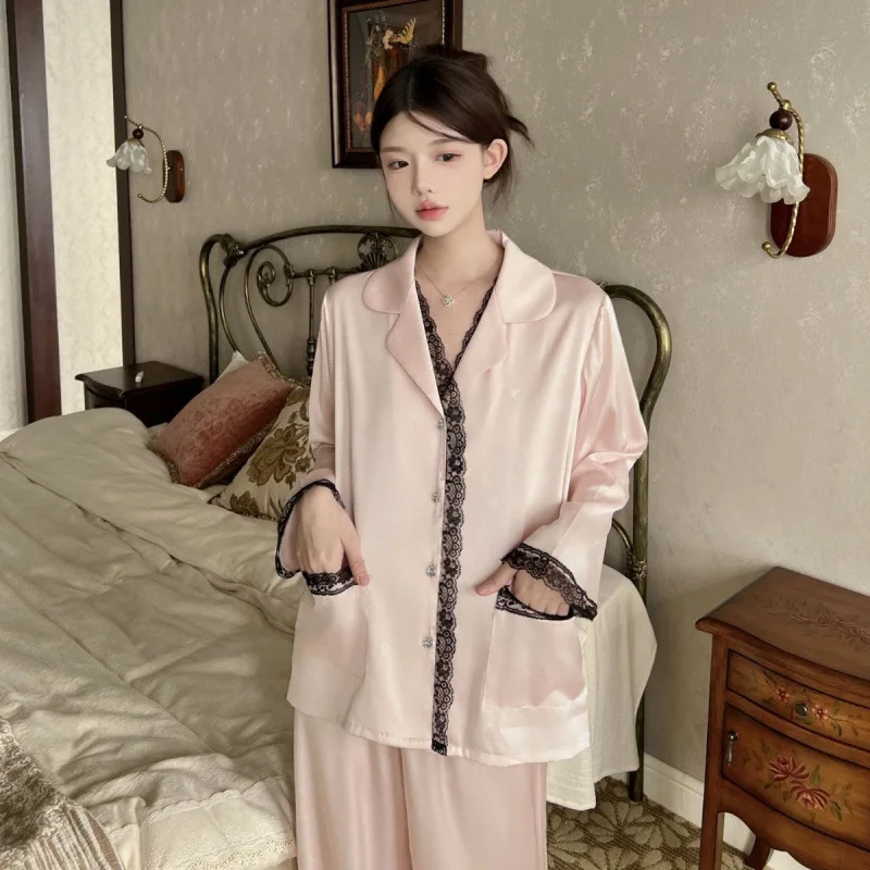 2025 Autumn Winter Pink Ice Silk Lace 2Pocket High-End Women Pajamas 2Piece Set Long Sleeve Pants Jacquard Butterfly Sleepwear