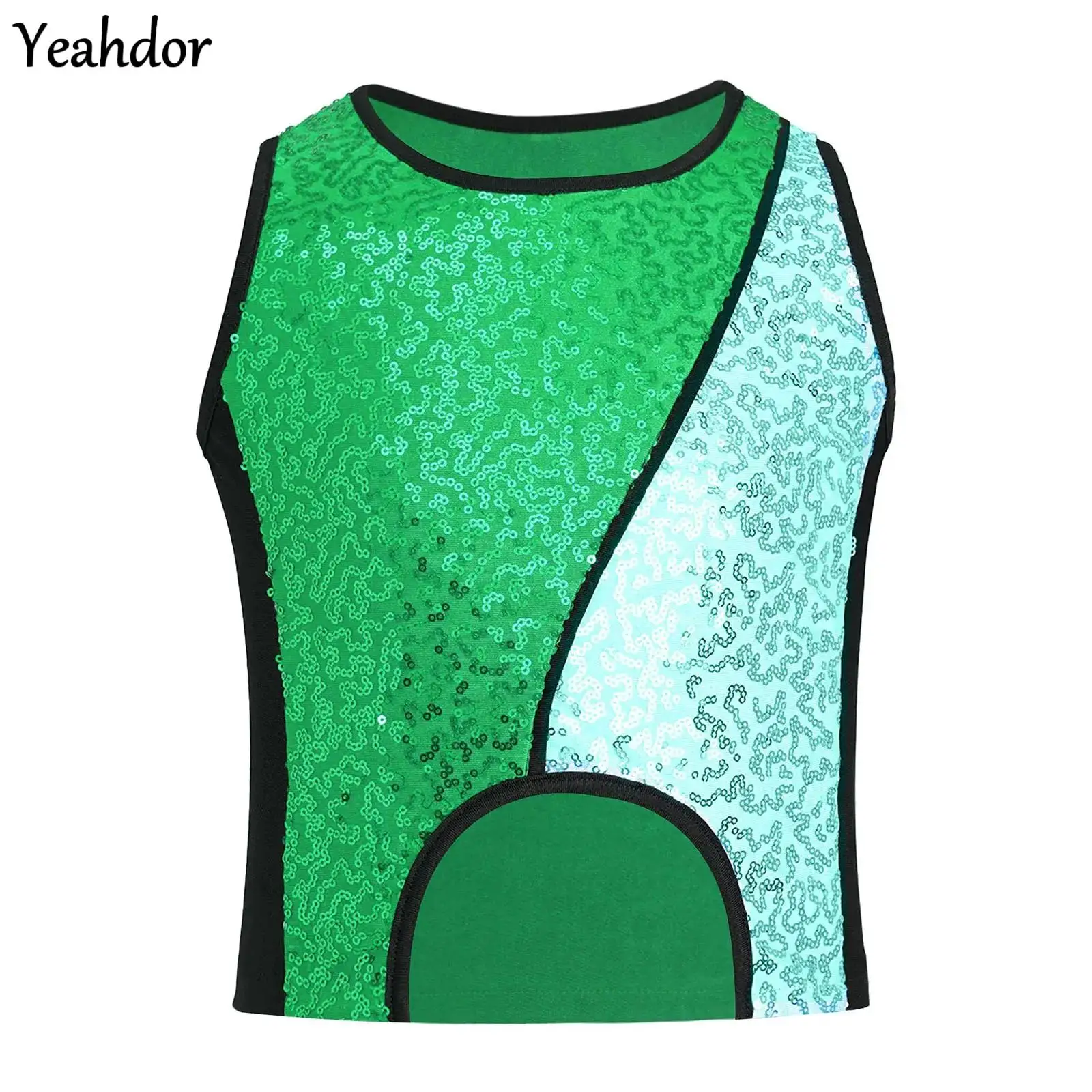

Teen Girls Sparkly Sequin Sleeveless Jazz Hip Hop Street Dance Crop Tank Top Costume Color Block Patchwork Dance Vest Dancewear