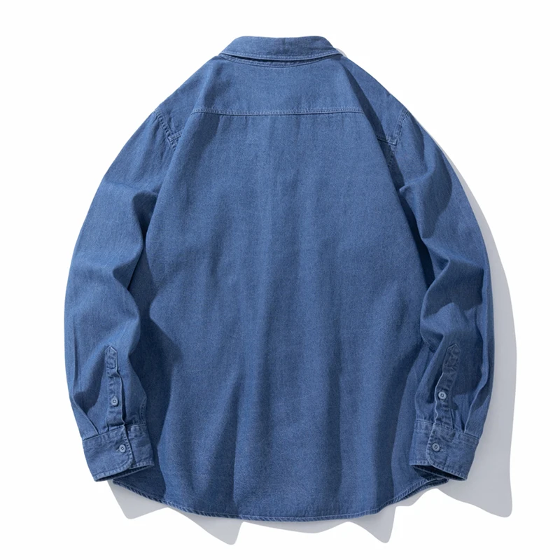 Loose Denim Shirt Men's Autumn New Washed Dark Blue Japanese Fashion Pocket Design Long Sleeve Jean Shirts Male Clothes