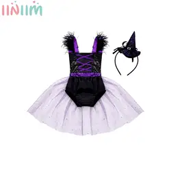 Toddler Girls Halloween Witch Costume Purple Sorceress Mesh Tutu Dress Romper with Hat for Themed Party Festival Role Play