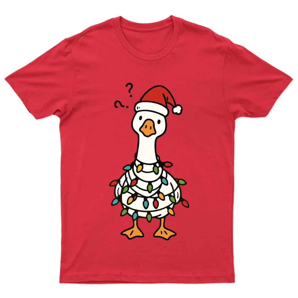 Confused Christmas Goose with Lights Mens Red T-Shirt Cute Funny Retro Cotton Holiday Gathering Festive Graphic Casual Xmas Tee