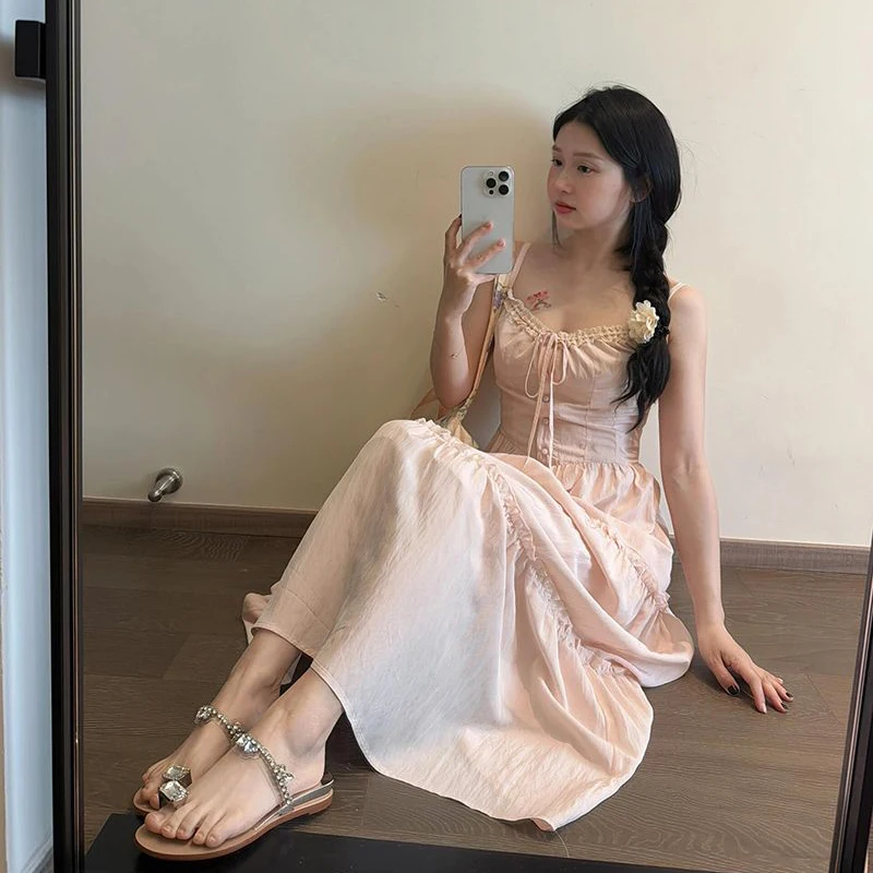 Pink Patchwork Camis Dress Women Sexy Chic Spaghetti Strap Long Dress Korean Fashion All Match Square Neck Casual Slim Vestidos