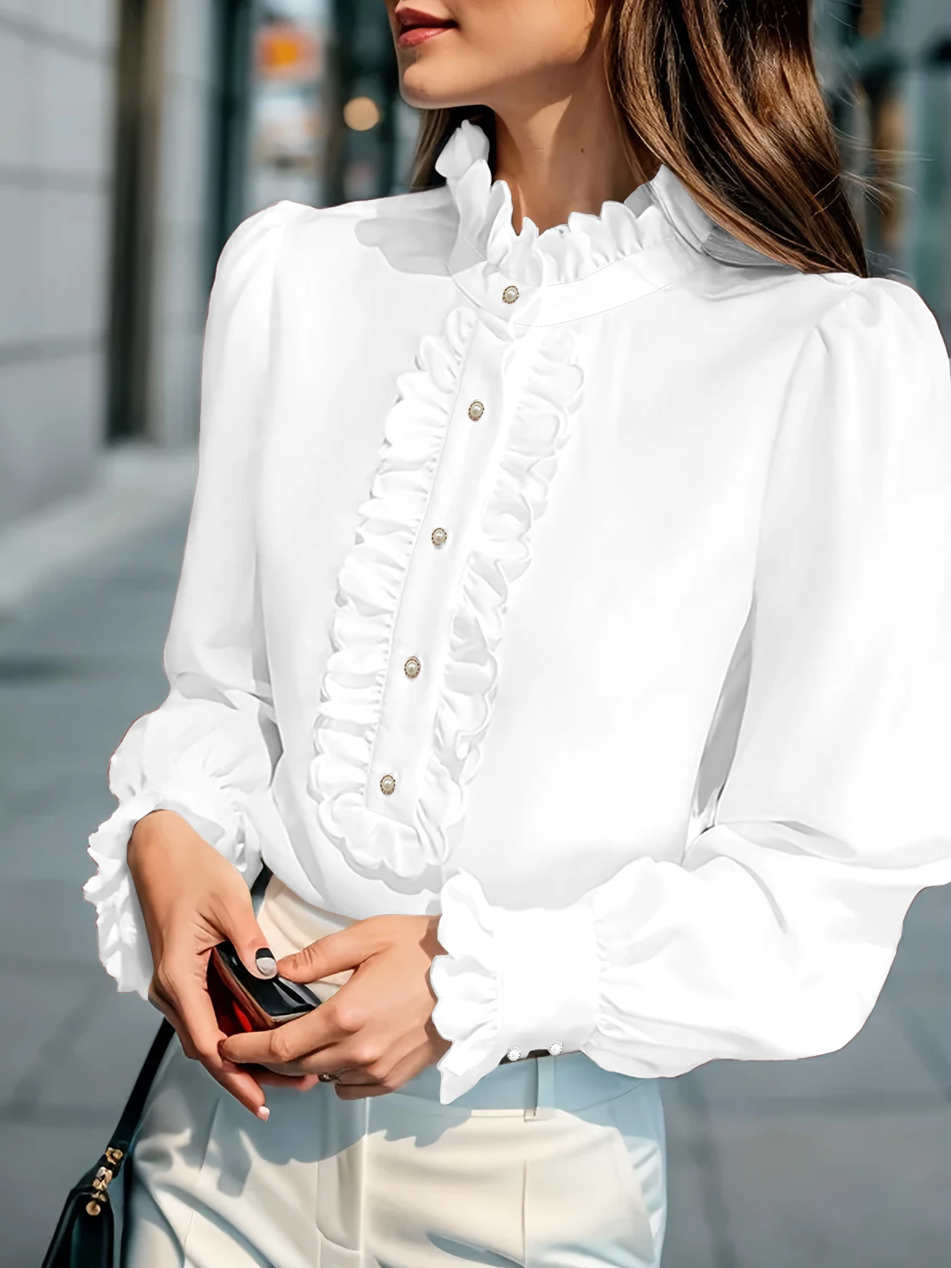 Damen-Bluse mit Rüschen und Stehkragen, Puffärmel, Knopfverzierung, elegantes Bürohemd, lässige Chiffon-Oberteile – Detail 3