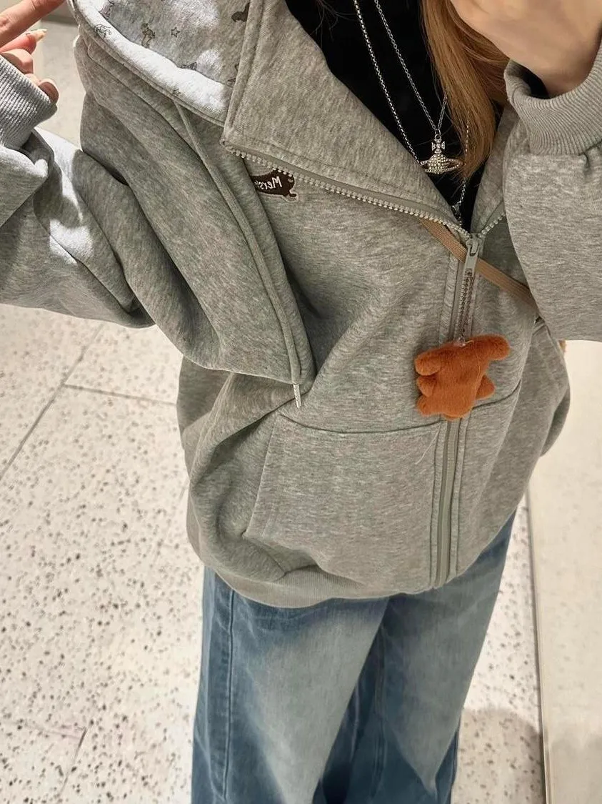 

Light Grey Floral Patchwork Open Cardigan Loose Hoodie Women's Spring Autumn Thin Lazy Versatile Outerwear Korean Style