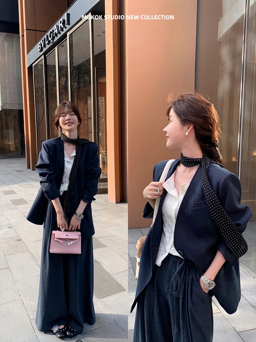 

Костюм MUKOK Ele Old Money: брюки с высокой талией, широкими штанинами и длиной в пол, комплект для офиса, женский модный осенний наряд