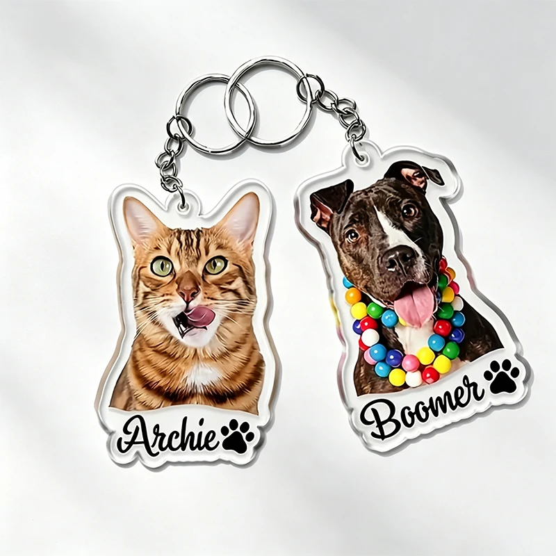 Custom Acrylic Pet Photo Keychain Custom 2D Flat Cat And Cog Design With Paw Prints Name Personalized Memory Gift For Pet Lovers