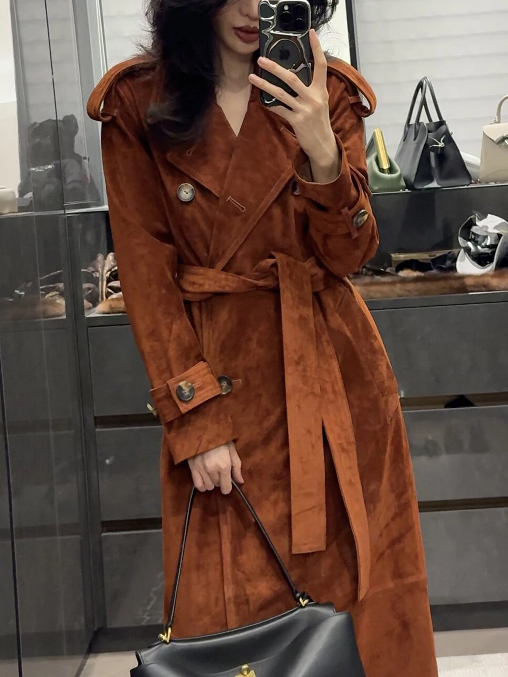 Long Genuine Leather Trench Coat for Women Imported Italian Calf Suede Lady Double Breasted Belt Slim Suede Leather Maxi Coats