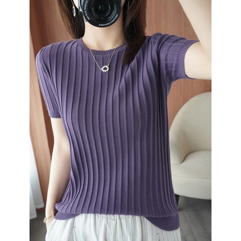 2023 New Summer Fashion Commuting Simple Round Neck Pit Knit Slim Fit Relaxed Solid Color Versatile Short Sleeve Women\'s T-shirt