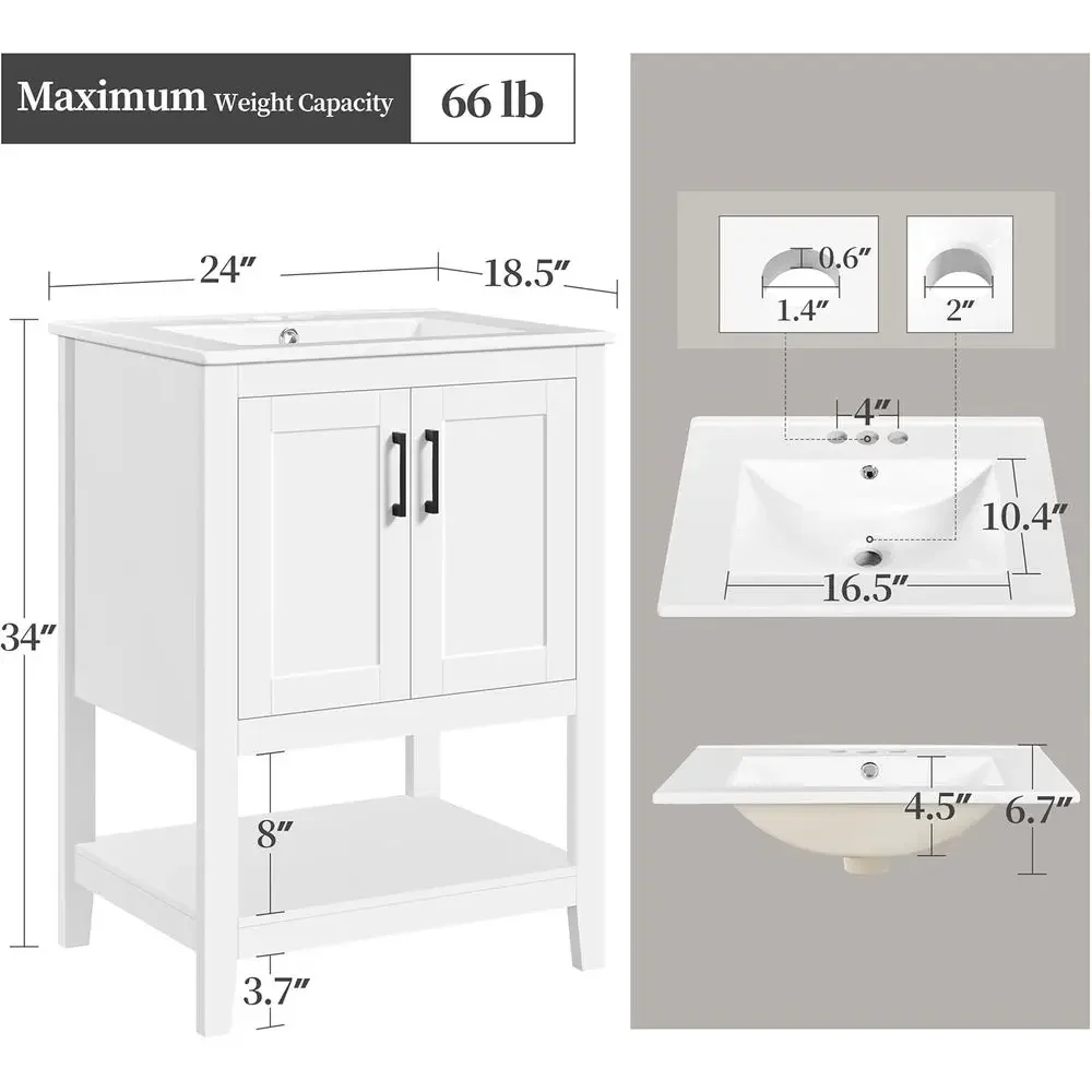 24 White Bathroom Vanity with Ceramic Sink, Cabinet with 2 Doors & 1 Open Shelf