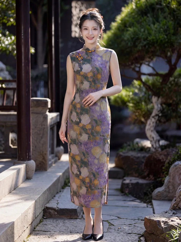 

Purple Flower Improved Mesh Long Qipao Women's 2026 Spring New Style Girl Sleeveless Young Qipao Dress