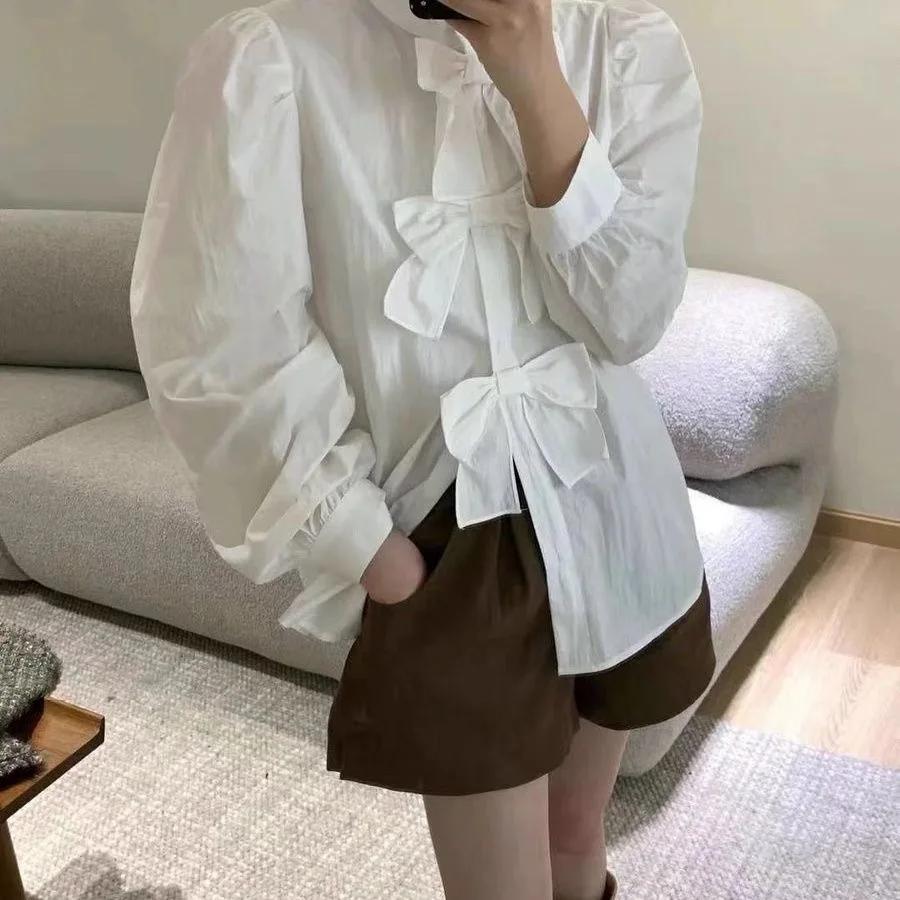 

Elegant White Shirt Women's Fashion Knot Bubble Sleeve Anti-Aging Versatile Top Cotton Polyester Loose Fit Long Sleeve