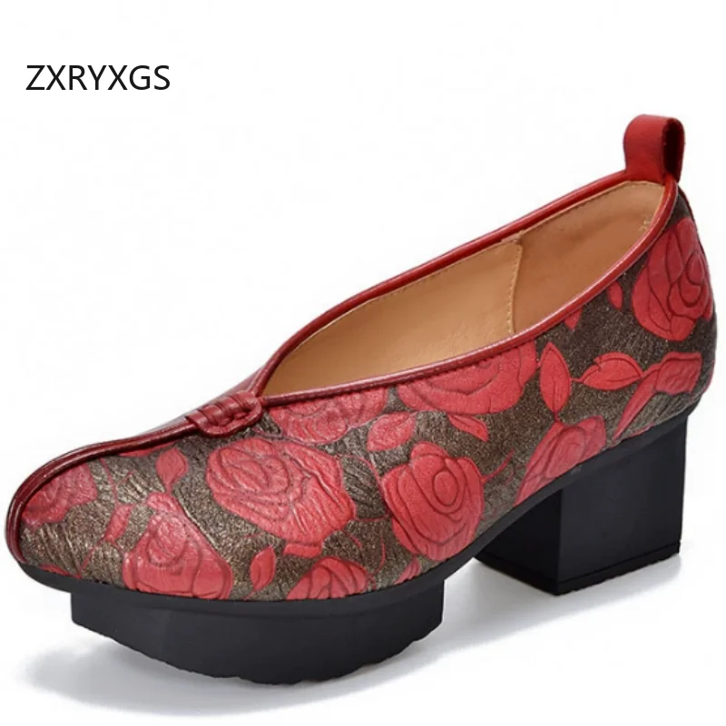 

ZXRYXGS High-end Classic Printing Premium Full Genuine Leather Shoes Woman Thick Sole Mid Heels Banquet Wedding Shoes Trend 2026