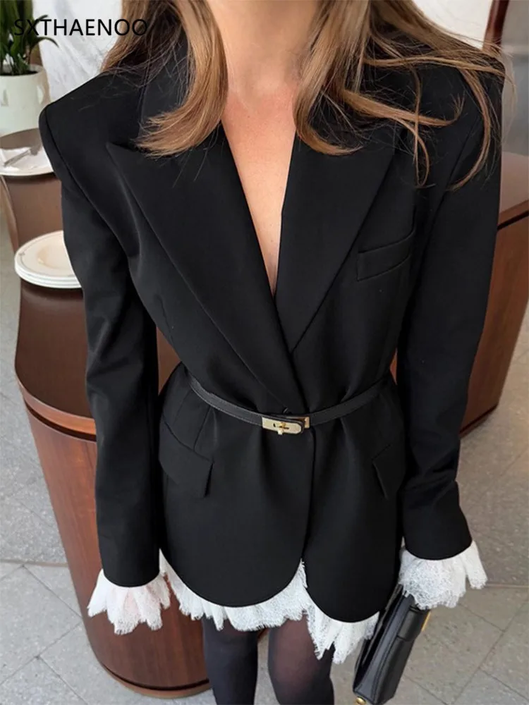 سترة نسائية رفيعة من الدانتيل بزر واحد من IRENE TINNIE فضفاضة بياقة على شكل حرف v وأكمام طويلة وسادات كتف سترة سوداء 2025 ملابس خارجية للسيدات في الشارع