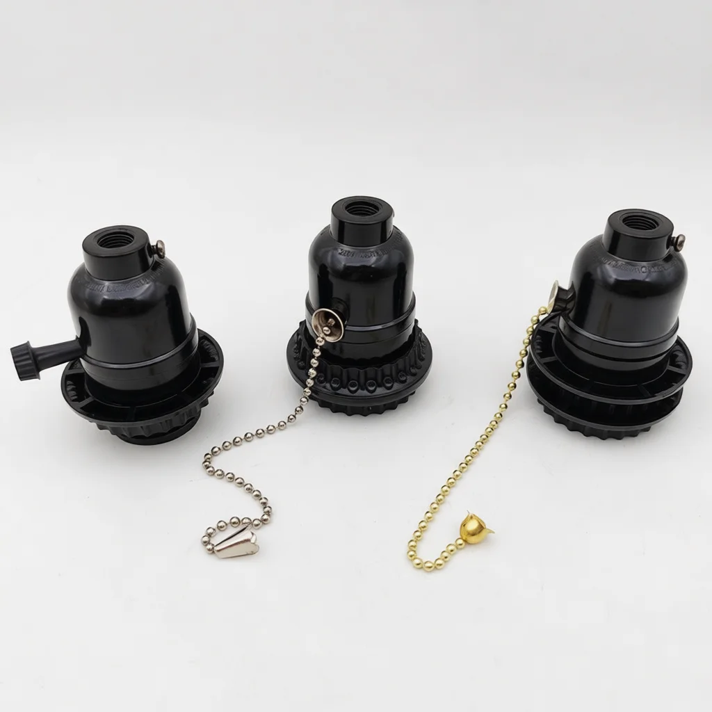 Replacement E26 E27 Base Black Bakelite Socket Threaded Structure Pull Chain Switch Easy Installation Lighting Supply