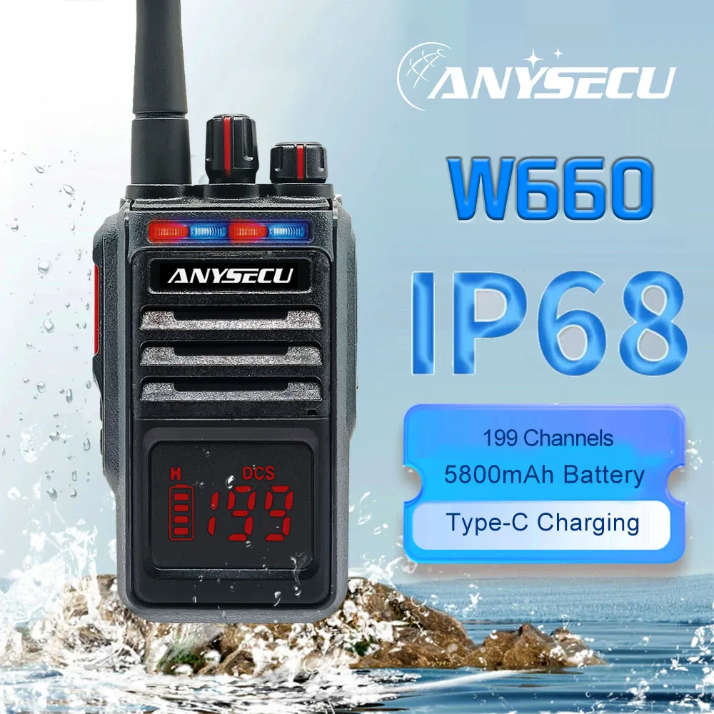 ANYSECU W660 Handheld Analog Walkie Talkie UHF IP68 Water-proof 5800mAh Type-C Charging 199CH Emergency flash alarm Function