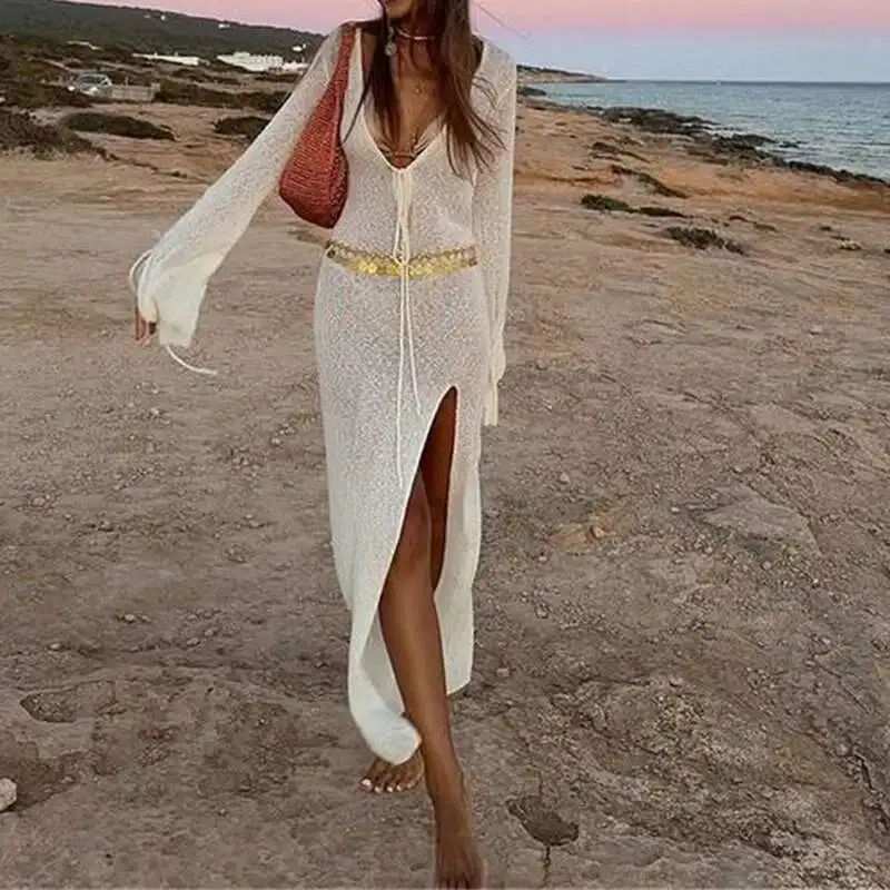หญิง Holiday Beach COVER UP ชุดลําลองถัก V คอ Slim Maxi ชุดว่ายน้ําผู้หญิงเซ็กซี่มุมมองแขนยาว Robe ชุด