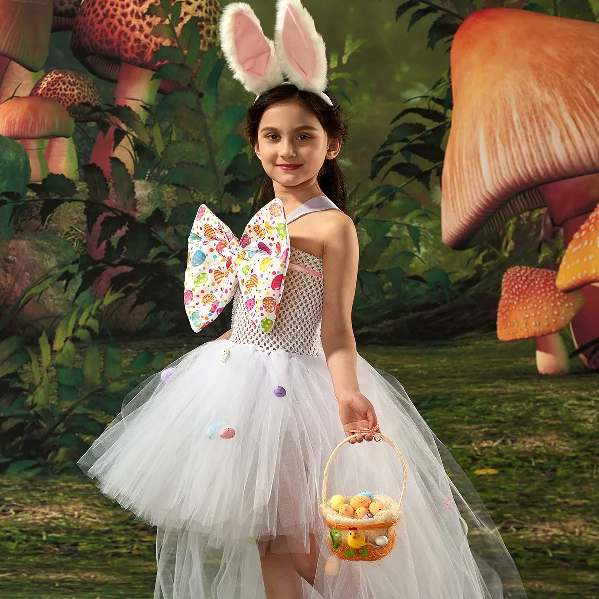 Easter Bunny Tutu Dress Rabbit Bow Easter Egg Print Fluffy Princess Dress Birthday Wedding Outdoor Daily Holiday Pleated Gown