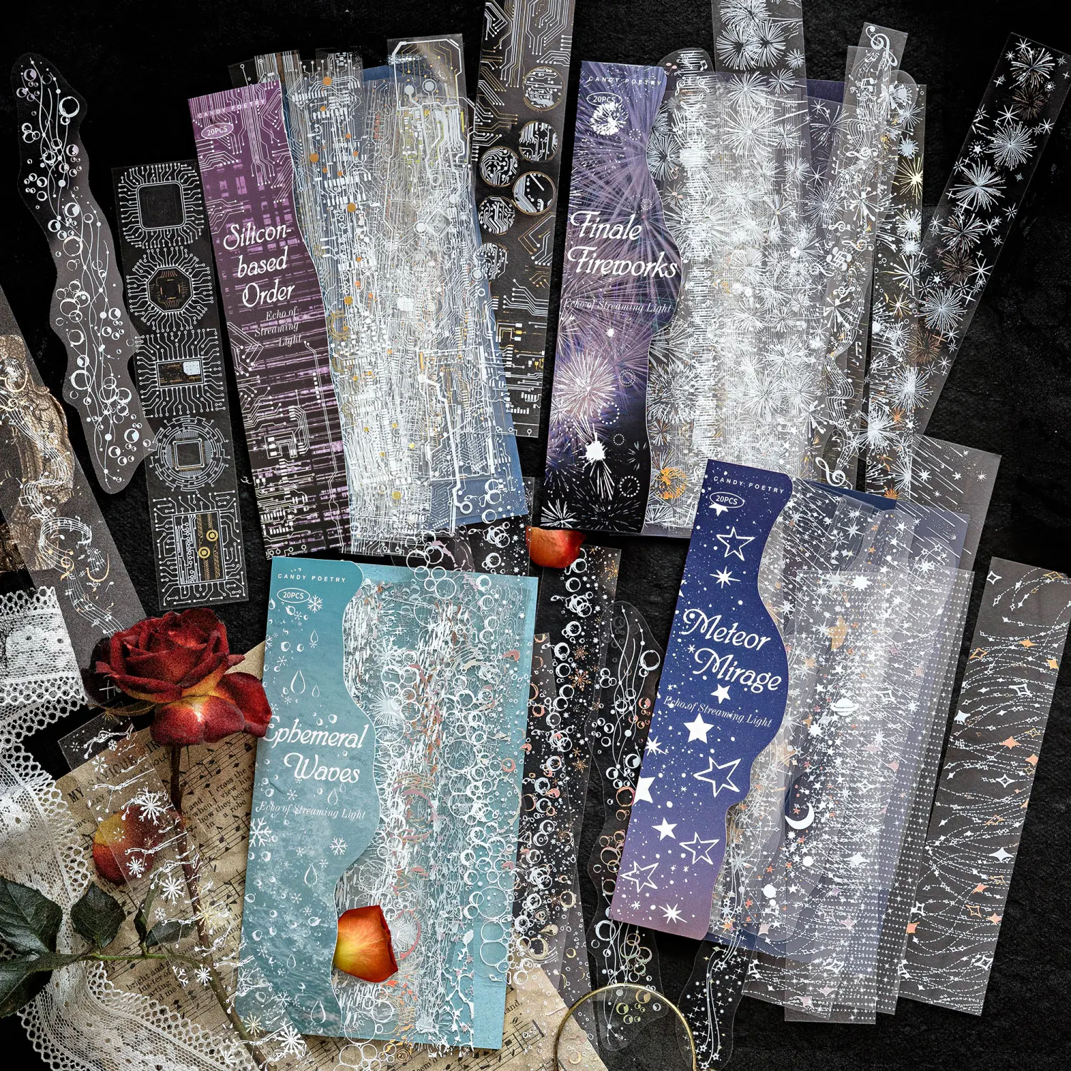 JIAMEI 20 Stück Fließende Licht-Effekt-Serie Ins 3D Heißgeprägte Streifenaufkleber DIY Scrapbooking Aufkleber Ästhetische Schreibwaren