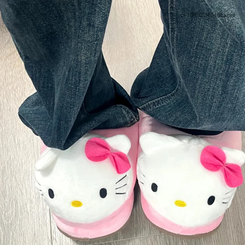 Sanrio Hello Kitty Big Head Home Cotton Shoes Women Cartoon Plush Kawaii Flat Shoes Y2k Pink Fuzzy Slippers Luxury Design Shoes